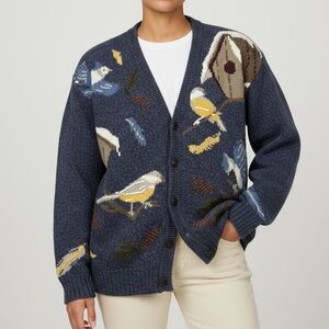 [S]Northern Treasure Birdhouse Pattern Wool Blend Cardigan VTG Blue Birds